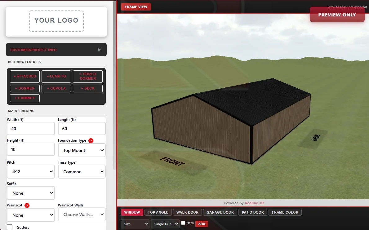 Redline 3D designer showing a configured steel building