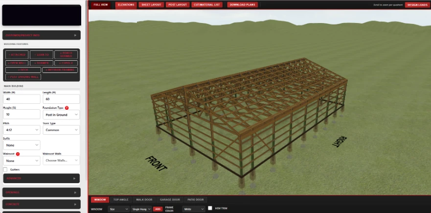 Redline 3D post frame configurator: building settings on the left, live 3D framing model on the right