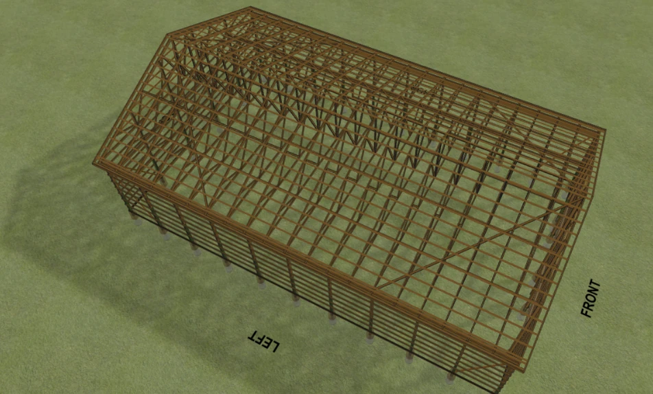 Overhead view of a 50 by 80 foot post frame building showing every truss, purlin, girt and brace