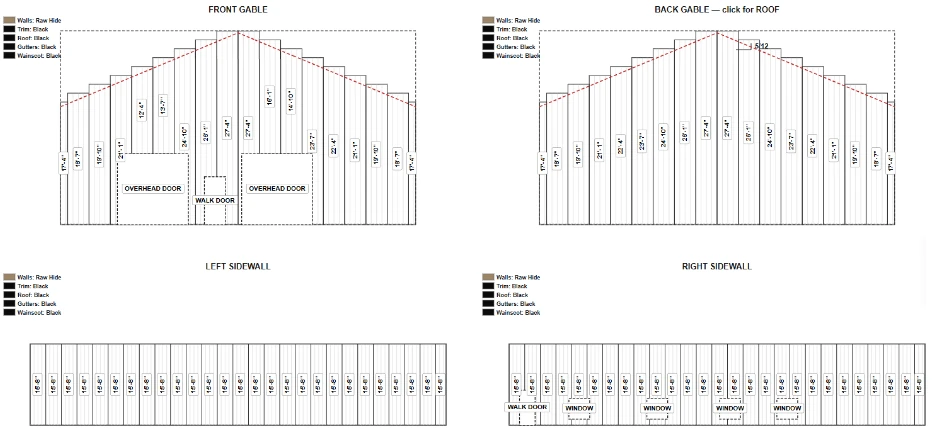 Steel sheet layout for all four walls with panel lengths, doors and windows marked, and color legend