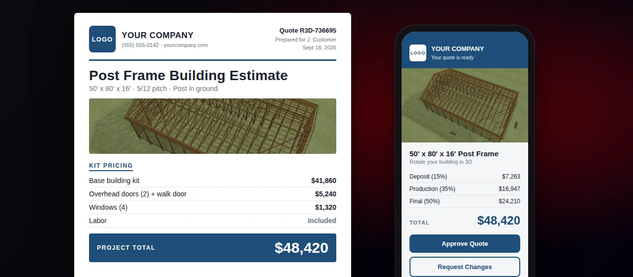 Branded quote with the dealer logo, 3D building render, line-item pricing and project total, next to the customer view with Approve Quote and Request Changes buttons