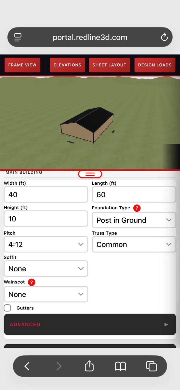 Redline 3D dealer configurator on an iPhone: 3D post frame building with width, length, height, foundation, pitch and truss settings