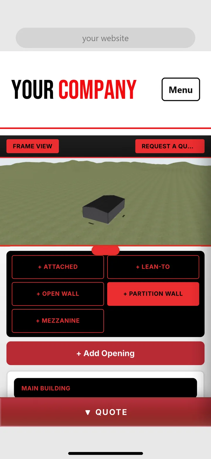 Example dealer website on an iPhone running the Redline Website 3D Designer: live 3D building with add-on buttons and a quote panel